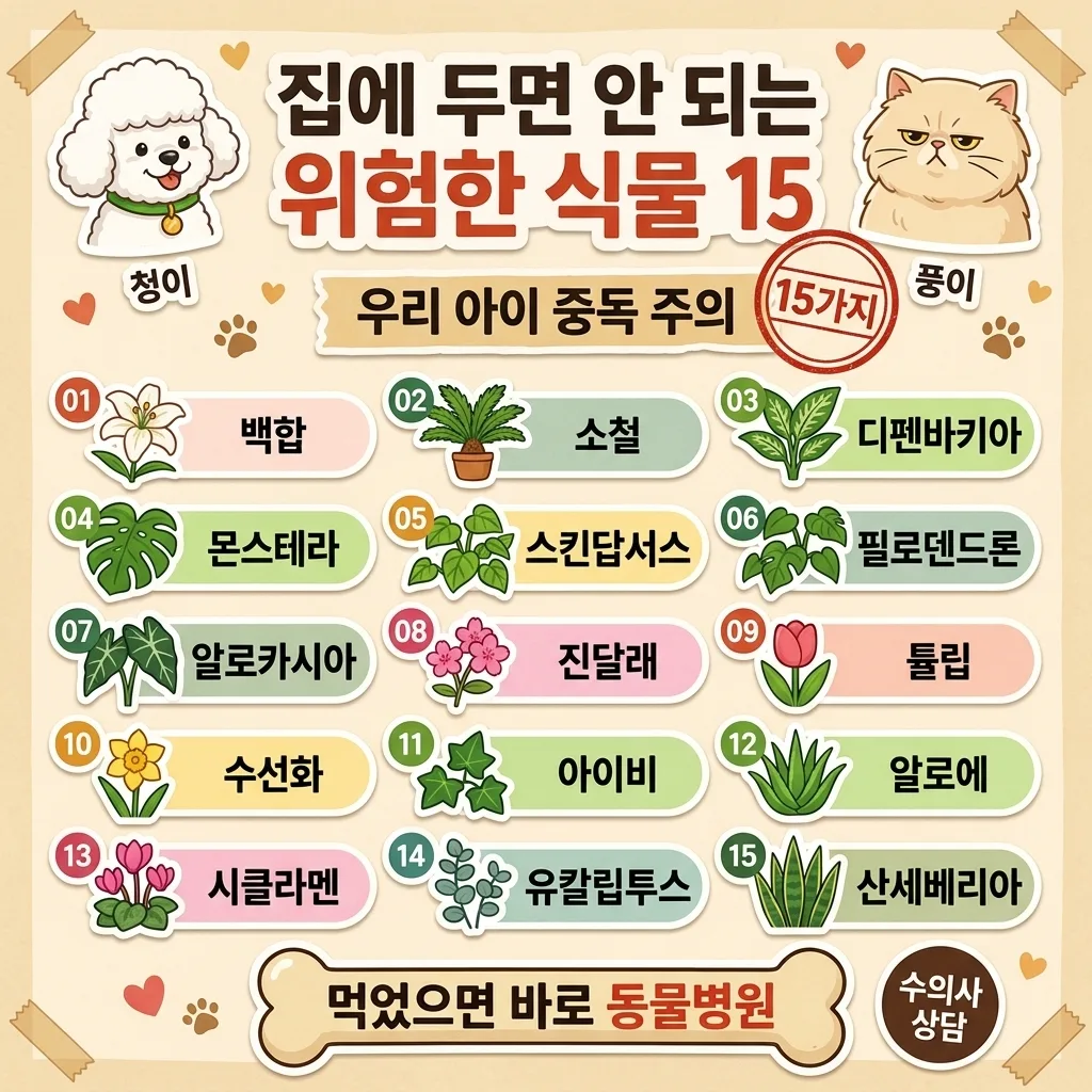 집에 두면 안 되는 위험한 식물 15가지 — 강아지·고양이 중독 예방 완전 정리